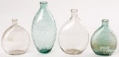 FOUR BLOWN GLASS FLASKS, 19TH