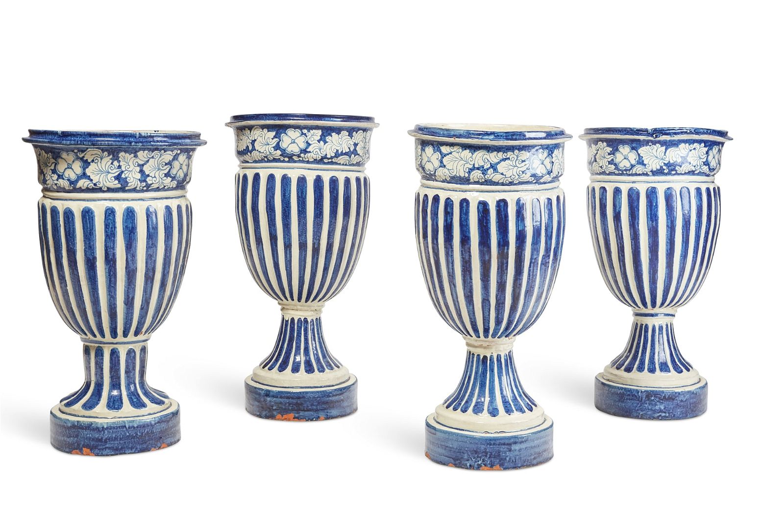 FOUR BLUE AND WHITE GLAZED