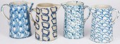 FOUR BLUE SPONGEWARE PITCHERS,