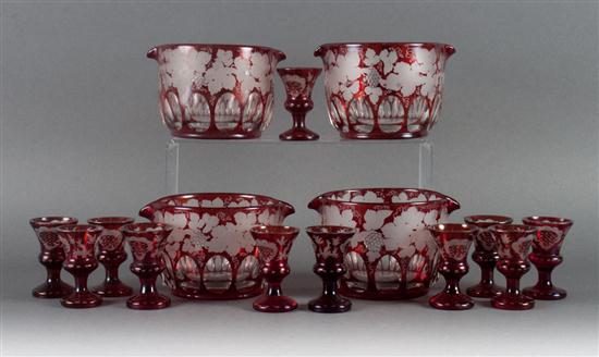 Four Bohemian cranberry etched