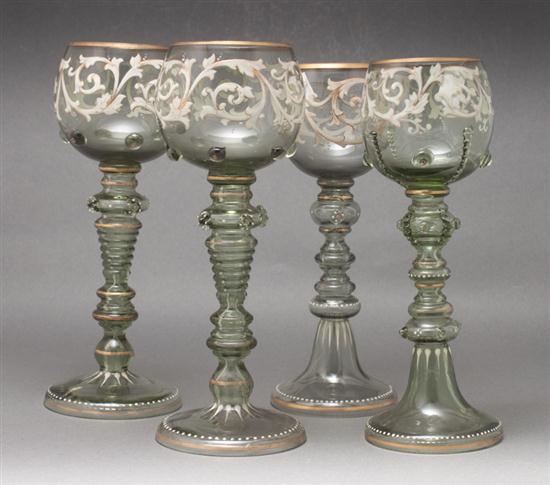 Four Bohemian enameled glass wine