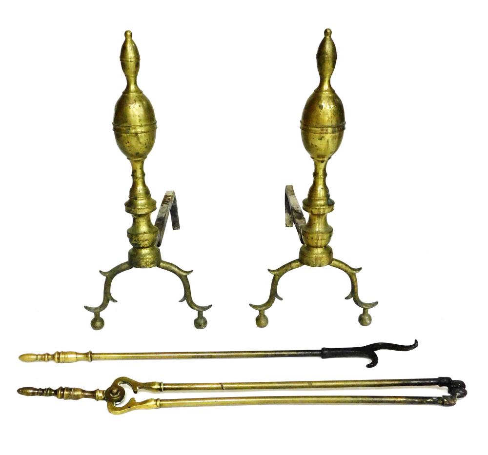 FOUR BRASS FIREPLACE ACCESSORIES,