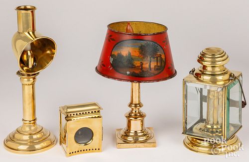 FOUR BRASS LAMPS AND LANTERNSFour