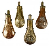 FOUR BRASS POWDER FLASKS19th c