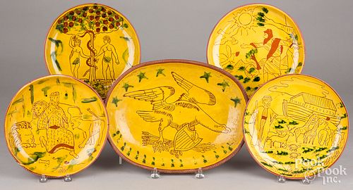 FOUR BREININGER REDWARE PLATES,