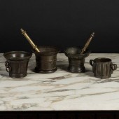 FOUR BRONZE MORTARS AND TWO PE