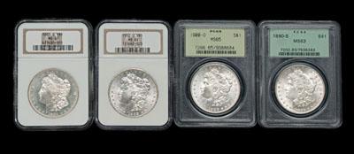 Four BU Morgan silver dollars: