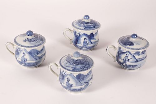 FOUR CANTON BLUE AND WHITE POT DE