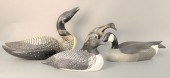 FOUR CARVED DECOYS, TWO DECORA