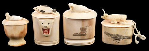 FOUR CARVED INUIT MARINE IVORY