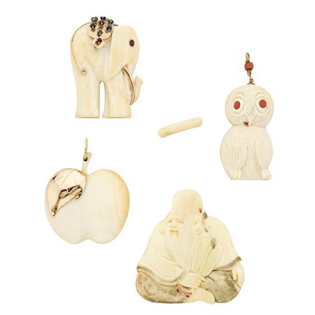 Four Carved Ivory Pendants and Band