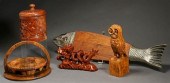 FOUR CARVED WOOD ARTICLES AND