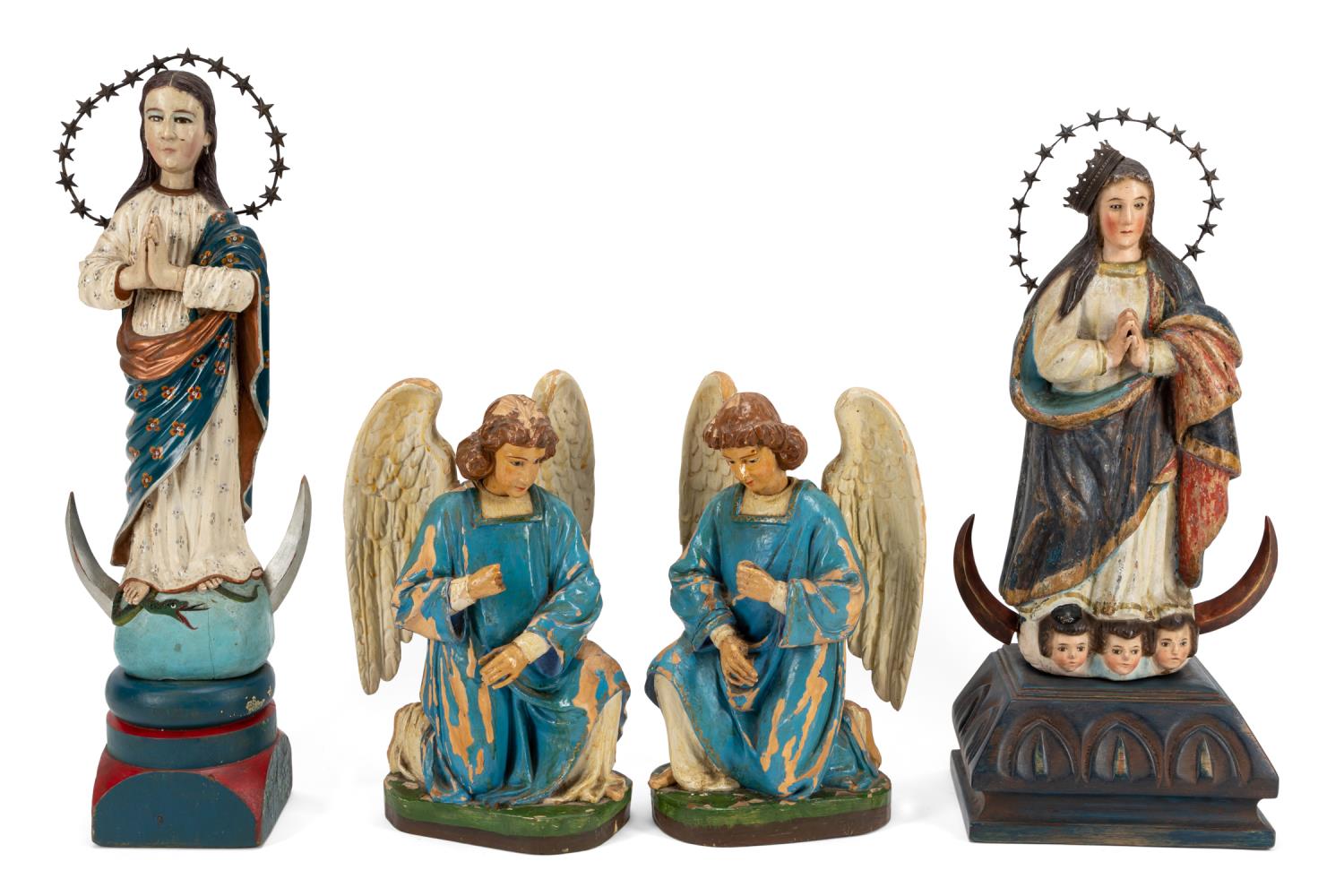 FOUR CARVED WOODEN POLYCHROME