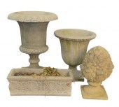 FOUR CEMENT OUTDOOR ORNAMENTS