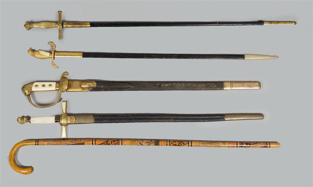 FOUR CEREMONIAL SWORDS AND A CARVED