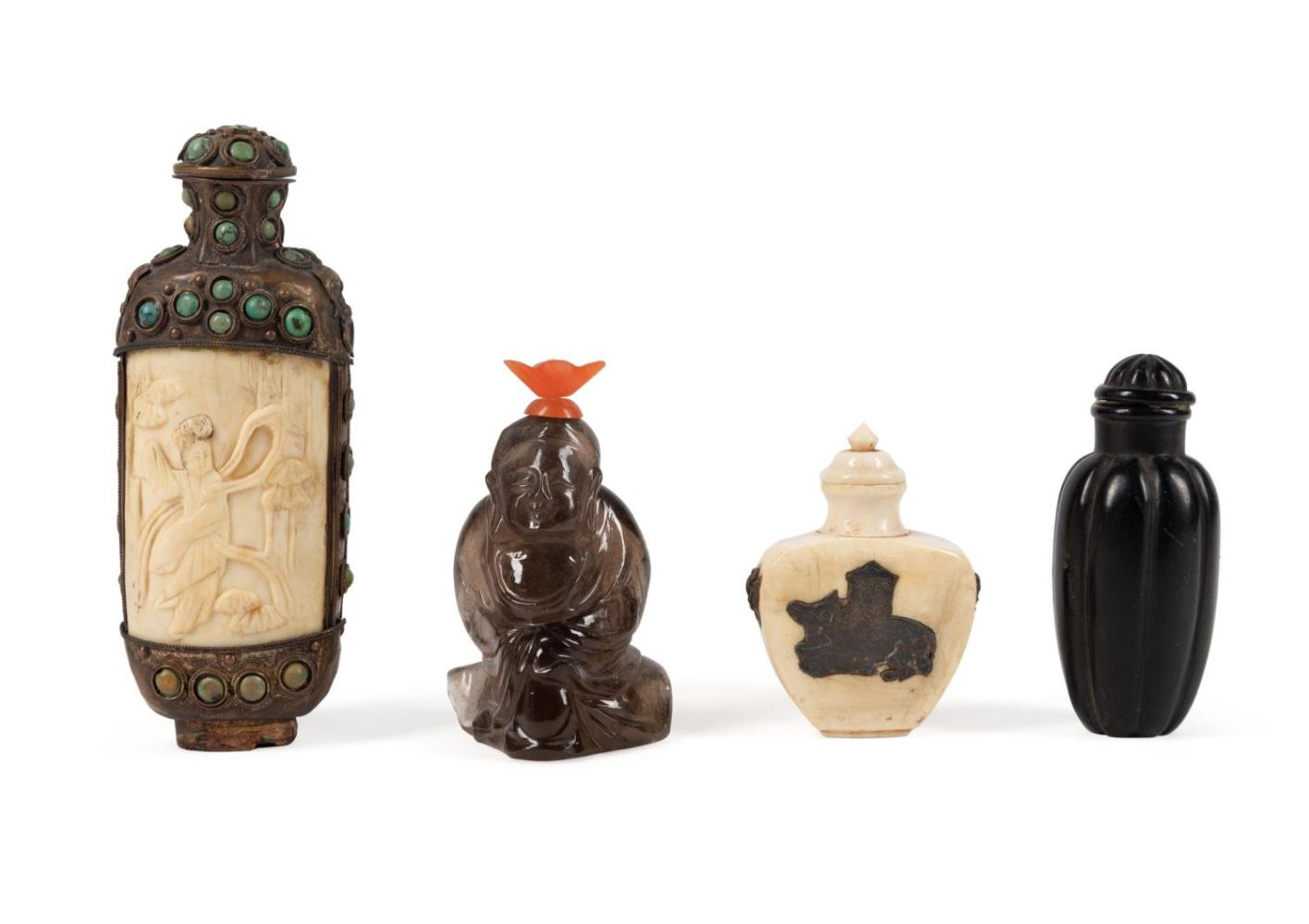 FOUR CHINESE BONE, QUARTZ & WOOD