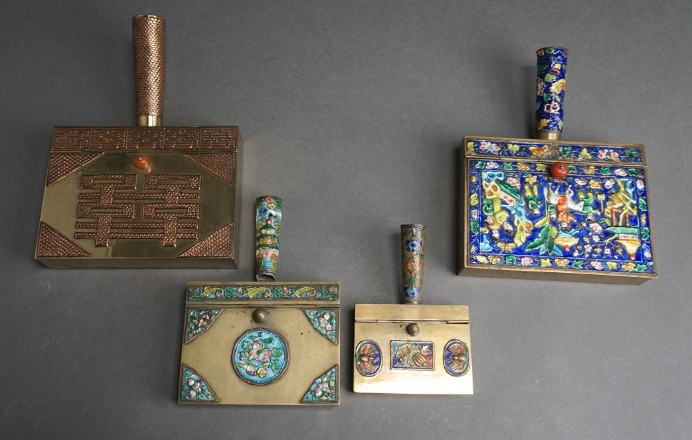 FOUR CHINESE DECORATED BRASS SILENT