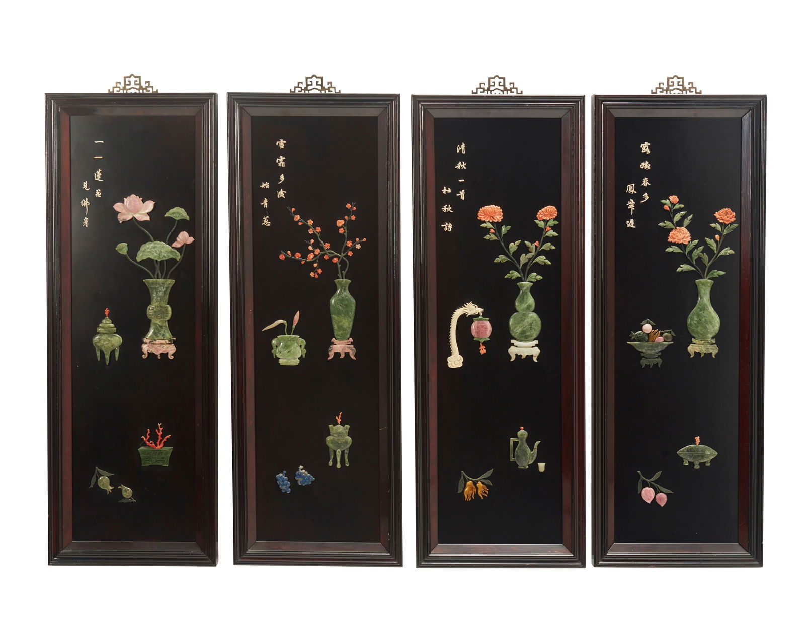 FOUR CHINESE HARDSTONE-MOUNTED