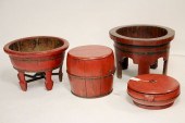 FOUR CHINESE RED LACQUER VESSE