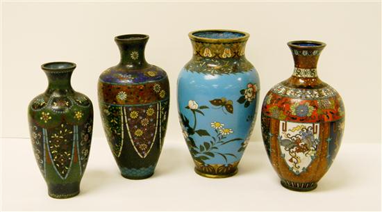 Four Cloisonne vases  one blue with