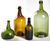 FOUR COLORED GLASS BOTTLES, 18