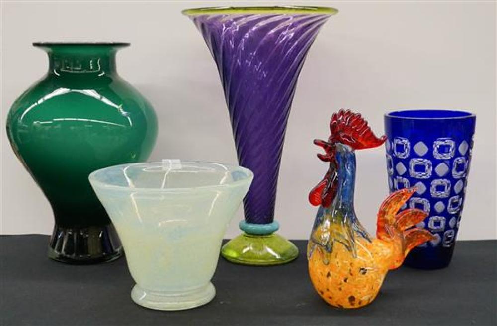FOUR CONTEMPORARY GLASS VASES AND A