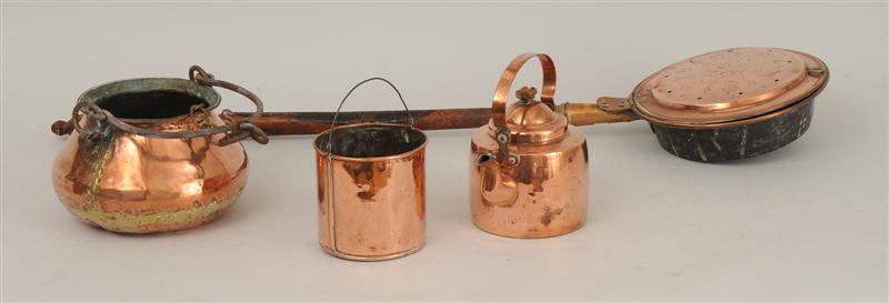 FOUR COPPER FIREPLACE ACCESSORIES