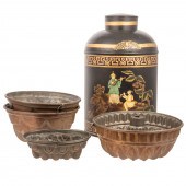 FOUR COPPER FOOD MOLDS & TOLE