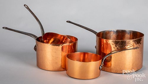 FOUR COPPER & IRON COOKWARE POTS,