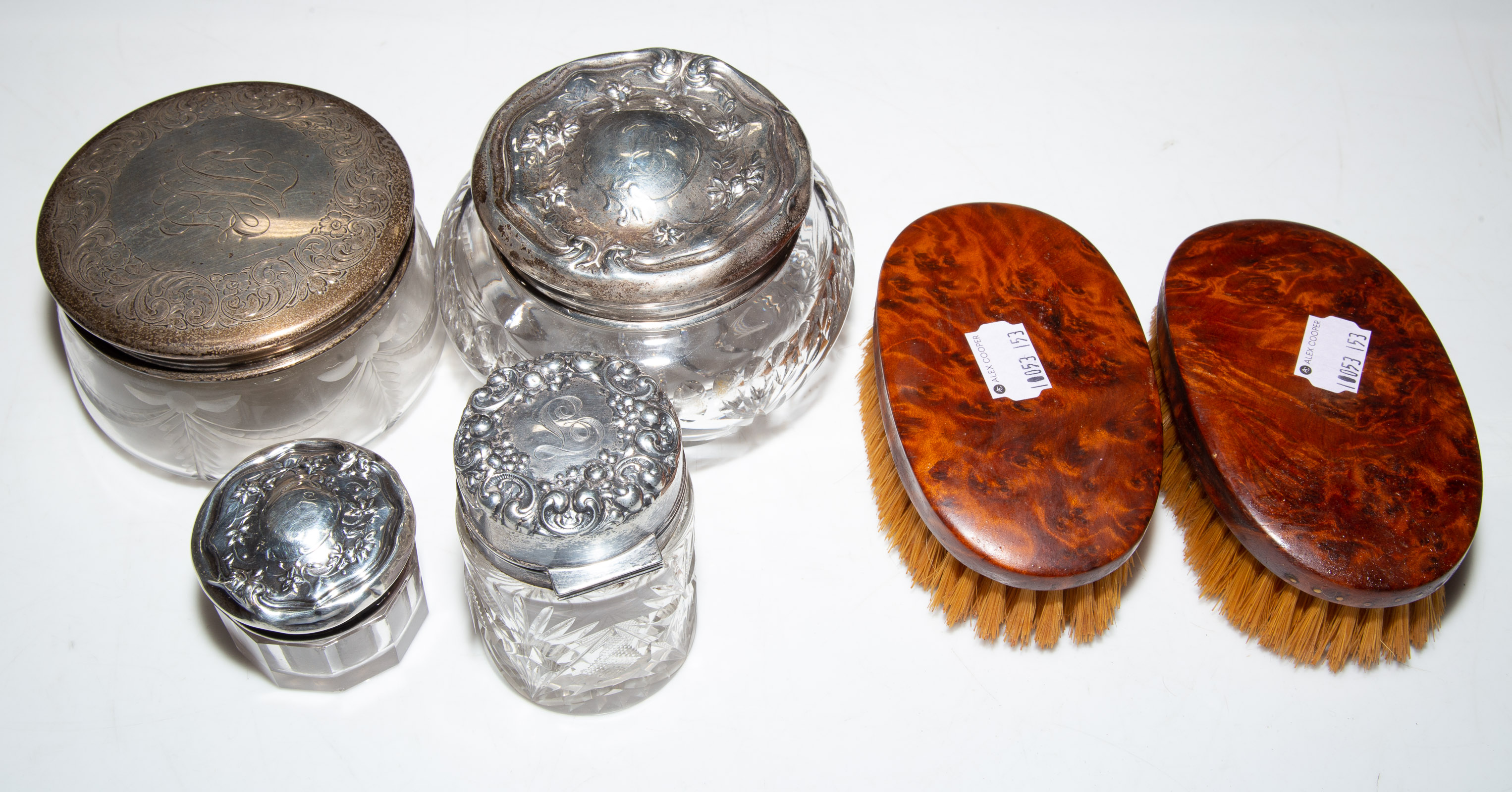FOUR CRYSTAL & STERLING VANITY JARS