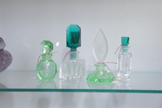 FOUR CZECH GREEN GLASS MINIATURE
