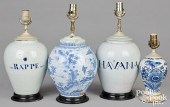 FOUR DELFTWARE TABLE LAMPS, 18