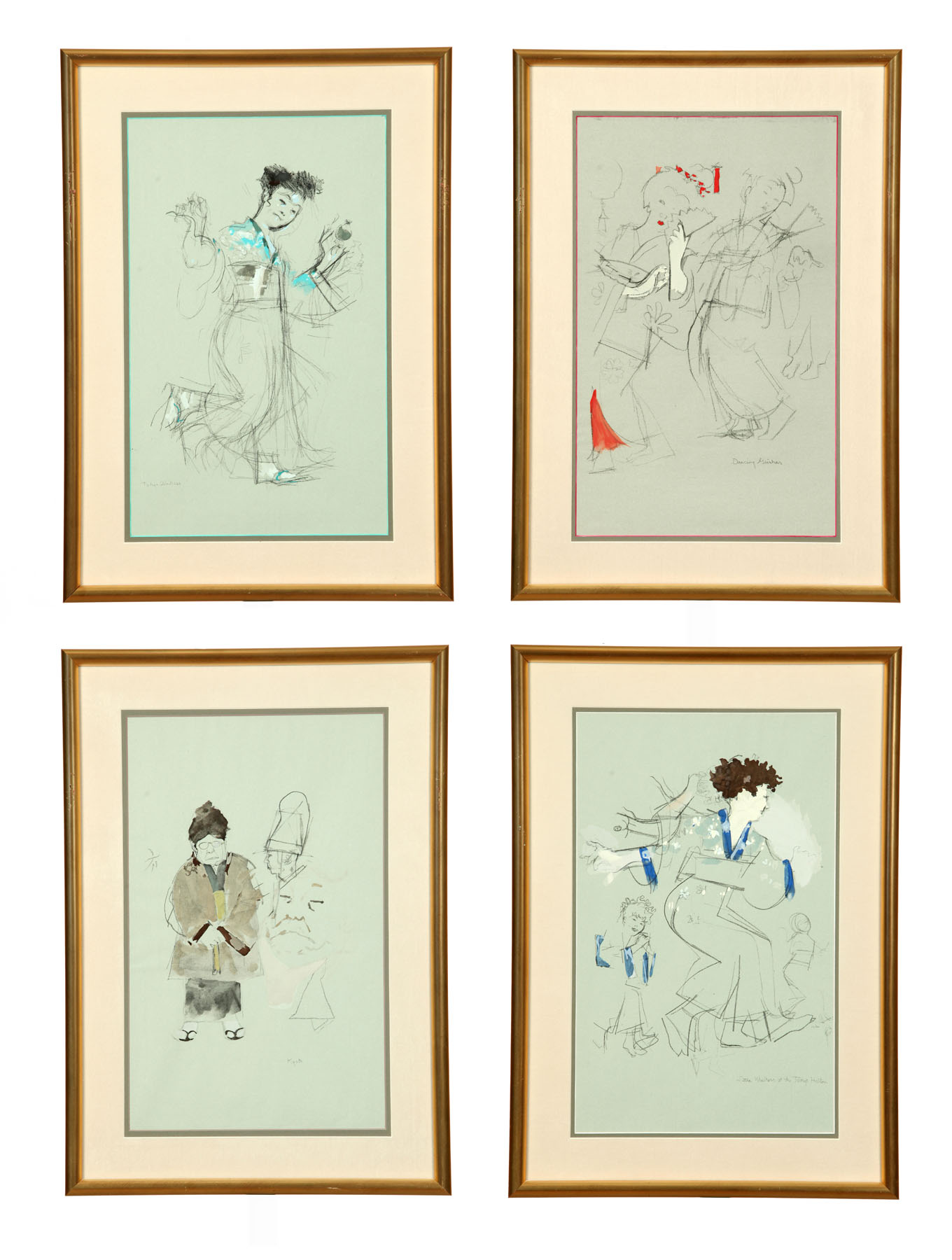 FOUR DRAWINGS OF JAPANESE FIGURES.