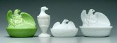 Four eagle covered glass dishe