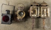 FOUR EARLY BRASS AND TIN LANTE