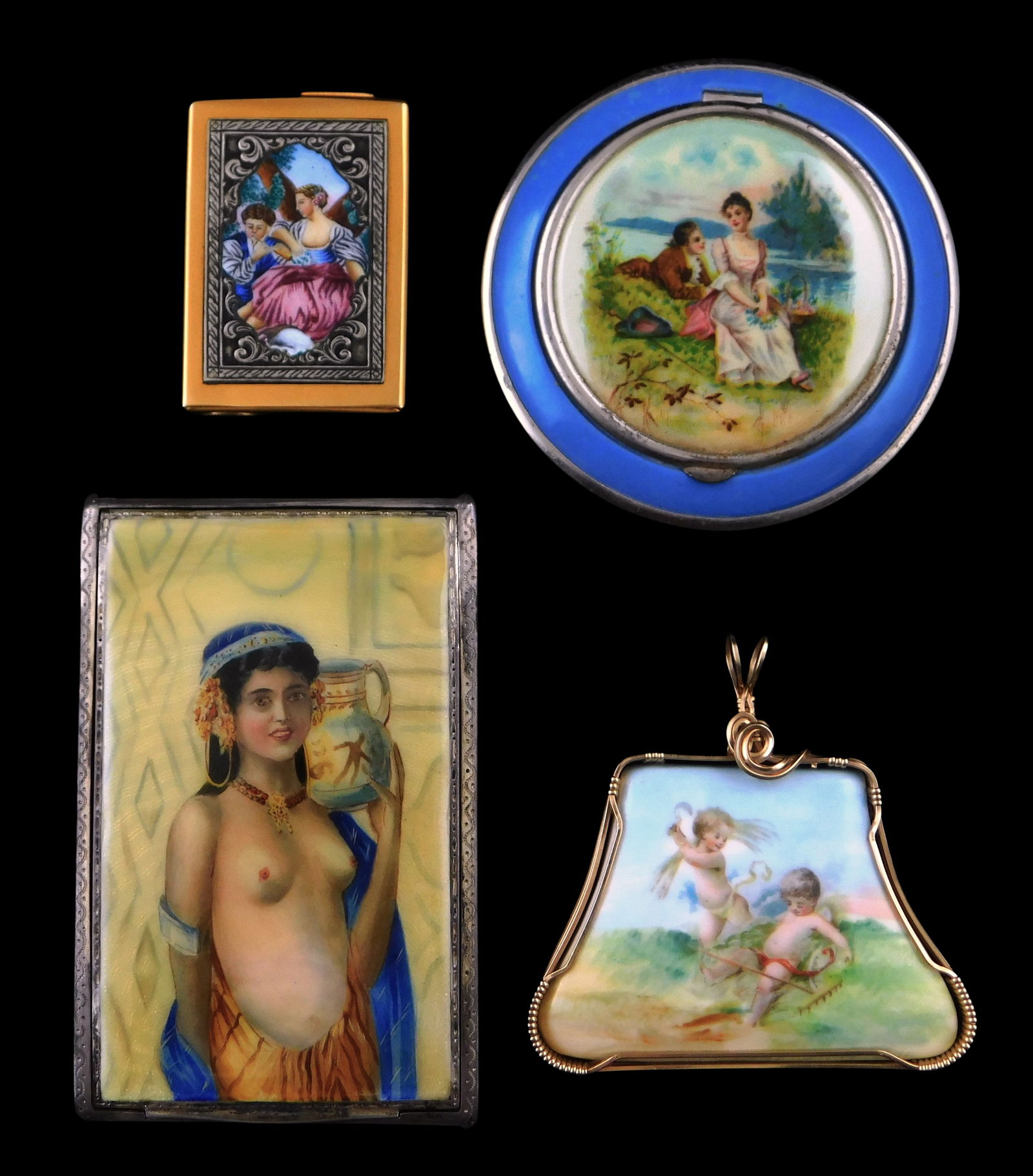FOUR ENAMEL DECORATED PIECES,