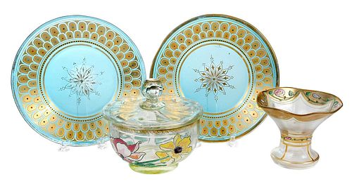 FOUR ENAMELED GLASS