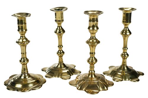 FOUR ENGLISH BRASS PETAL BASE