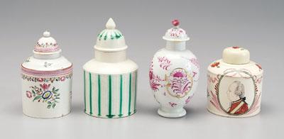 Four English ceramic tea boxes: one
