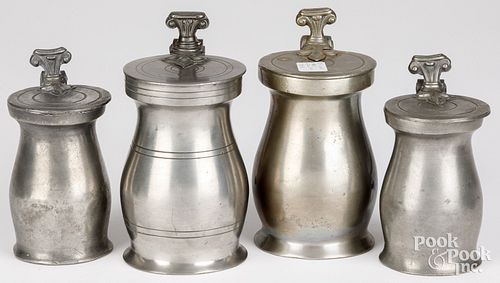 FOUR ENGLISH DOUBLE VOLUTE PEWTER