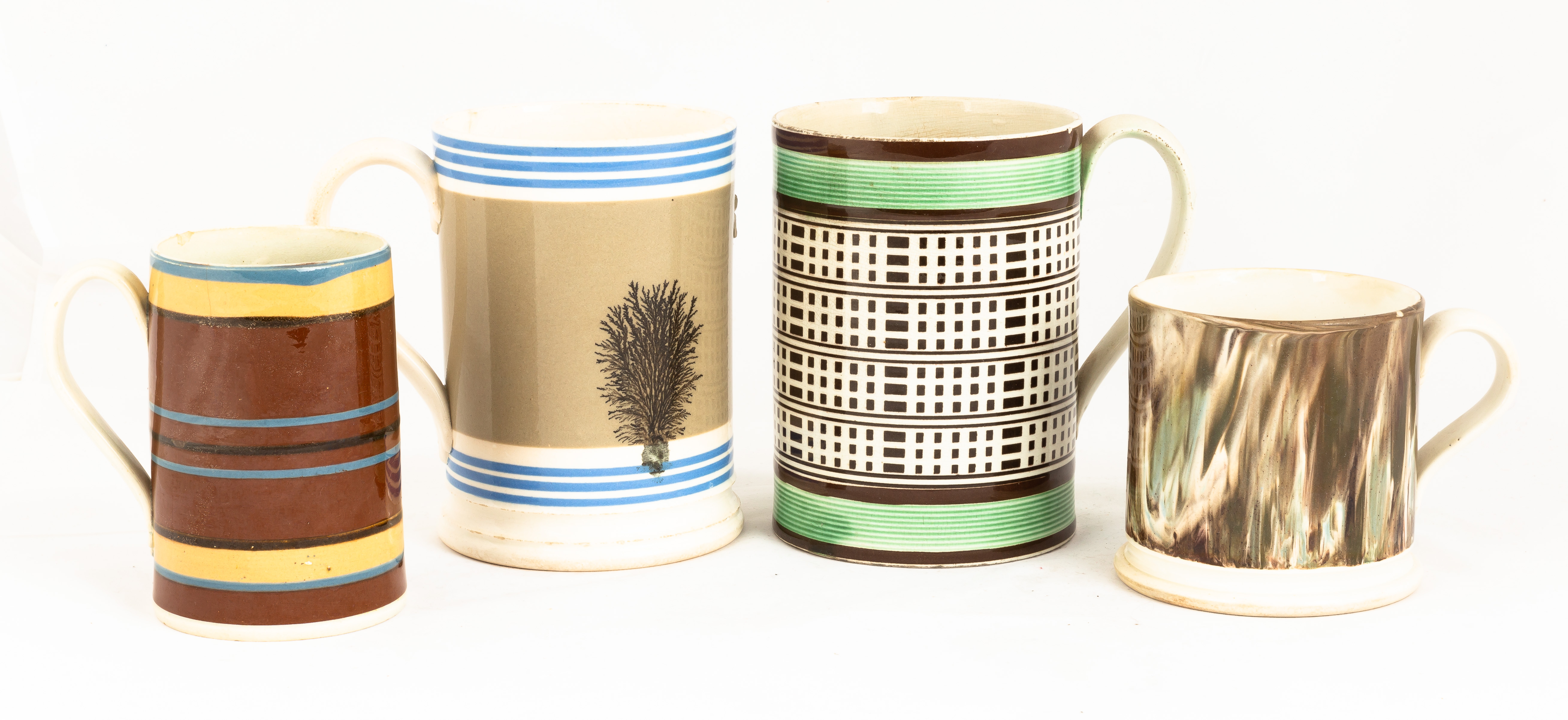 FOUR ENGLISH MOCHAWARE MUGS 19th