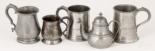 FOUR ENGLISH PEWTER MUGS, 18TH/19TH
