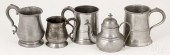 FOUR ENGLISH PEWTER MUGS, 18TH