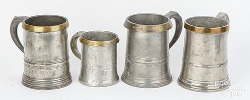 FOUR ENGLISH PEWTER PINT AND
