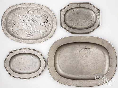 FOUR ENGLISH PEWTER PLATTERS,
