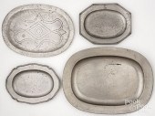 FOUR ENGLISH PEWTER PLATTERS,