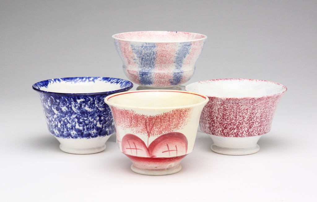 FOUR ENGLISH SPATTERWARE CUPS AND