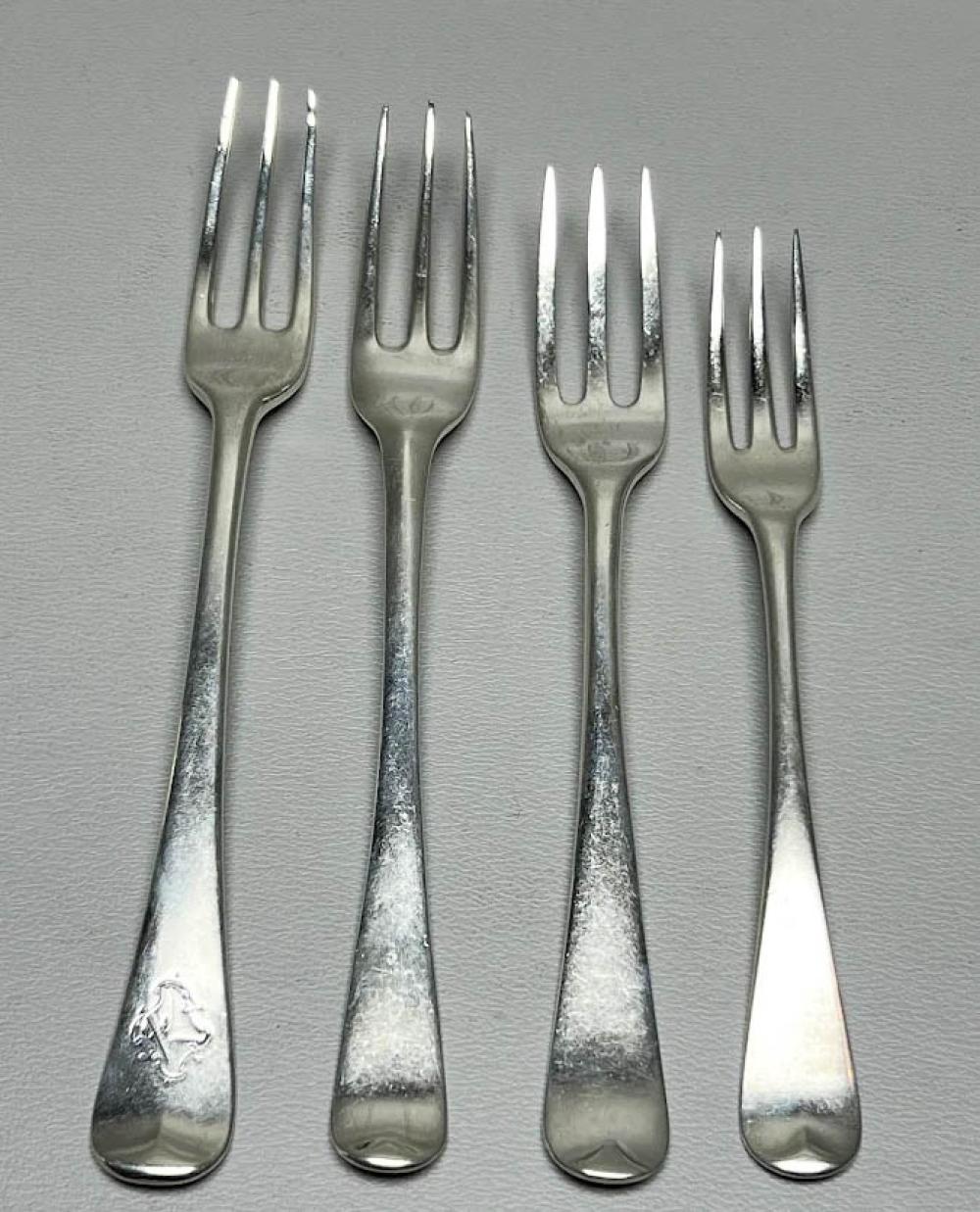 FOUR ENGLISH STERLING SILVER FORKS,