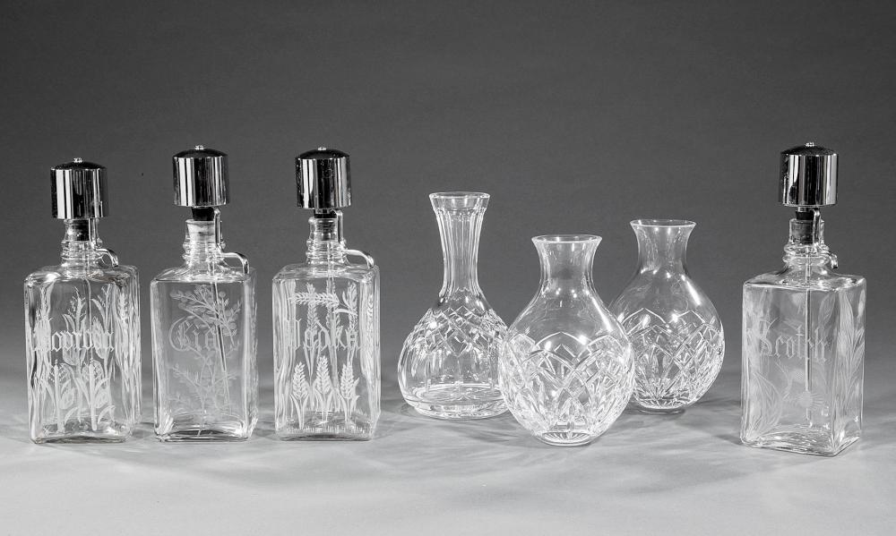FOUR ETCHED GLASS PUMP DECANTERSSet