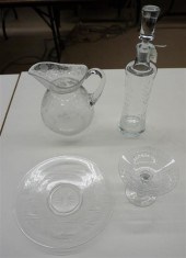 FOUR ETCHED GLASS TABLE ARTICL